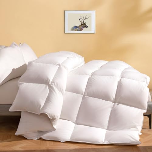 DWR Luxury Feather Down Fiber Comforter King Size Ultra-Soft Egyptian Cotton-Blend Fabric High FP Medium Weight for All Season Hotel Style Fluffy Duvet Insert with Ties (106x90 White)