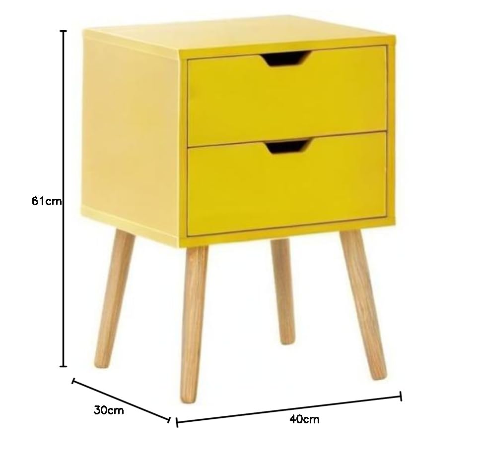 Image of Storage Nightstand Mid-Century Modern Bedside Table with Solid Wood 4 Legs Minimalist and Practical End Side Table- 2 Drawer-Yellow