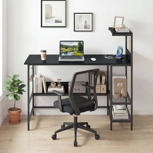Image of Tangkula 48 inch Reversible Computer Desk with Bookshelves, Home Office Desk with Power Outlets, Hook and Storage Shelves, Writing Study Desk for Living Room, Study Room, Office (Black)
