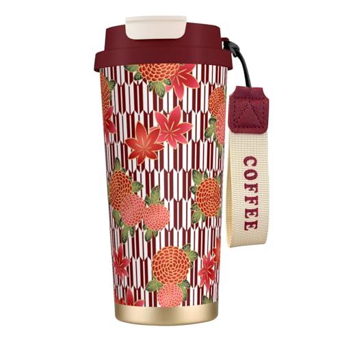 タンブラー 矢絣と菊と紅葉 和風 マグボトル コーヒーカップ 水筒 保温 保冷 ウォーターボトル 蓋付き ストロー付き 直飲み おしゃれ プレゼント