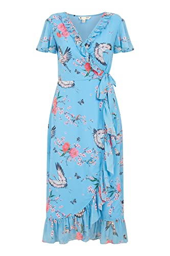 Image of Yumi Blue Satin Crane Print Wrap Dress 16 Blue