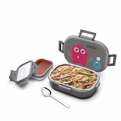 Image of Go24 pexpo Tango Elite Stainless Steel Insulated Tiffin Box for Kids (650ml) and Small Container (150ml) with Spoon - Grey| BPA-Free|Anti-Skid Rubber Base | Kids Lunch Box for School, Picnic