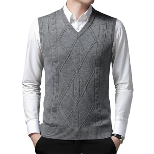 Men Winter V-Neck Argyle Solid Color Sleeveless Short Slim Fit Knitting Sweater Vest - Main Image