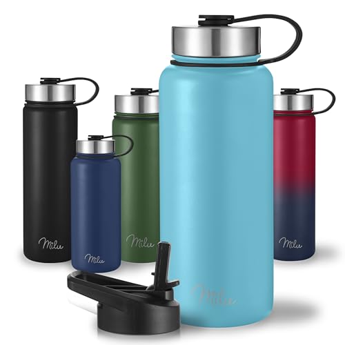 Milu Edelstahl Trinkflasche 500ml 750ml 1000ml (+3 Deckel) Thermosflasche mit Strohhalm, Isolierte Wasserflasche… – Ansicht 1
