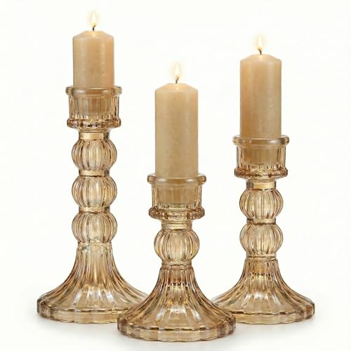 Amber Crystal Glass Candlestick Holders Set of 3, Vintage Taper Candle Holders for Table Centerpieces Decor, Valentine‘s Day, Wedding, Anniversary, Thanksgiving, Christmas Home Decor