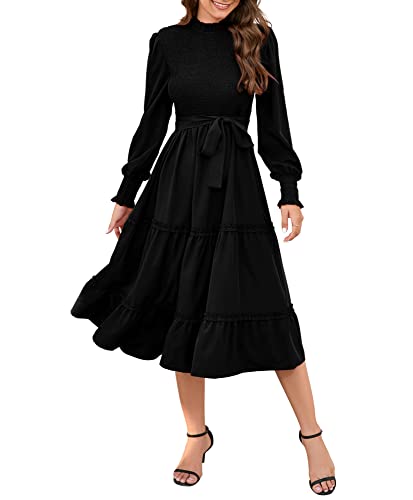 Kojooin Women's Ruffle Mock Neck Long Sleeve Smocked Midi Dress Casual Floral Print Elastic Waist Tiered Long Dress Black M #TOP20