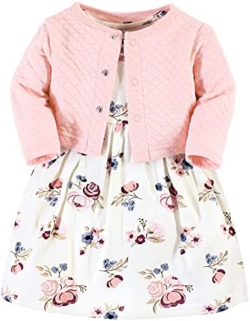Hudson Baby Infant and Toddler Girl Quilted Cardigan and Dress, Dusty Rose Floral, 3-6 Months