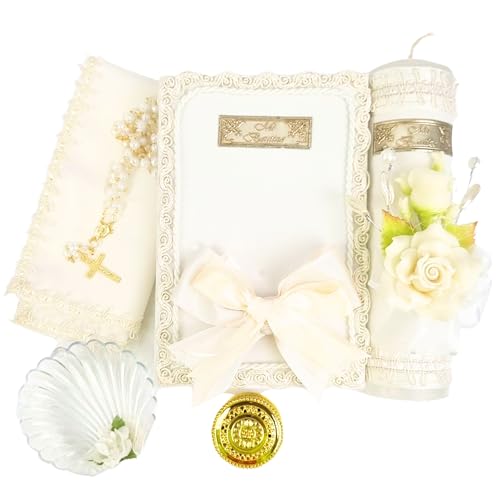 5 Pcs Ivory/Cream Baptism candle set - Velas para bautizo - vela de bautizo - Catholic baptisms candle set - baptism kit with bible shell and candle