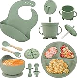 NEXROLA Baby Geschirrset 8 Stück, Kindergeschirr Set, Baby Teller mit Saugnapf, Trinklernbecher, Lernlöffel Baby, Silikon Lätzchen Baby, BPA-frei, Baby Besteck für Spülmaschine und Mikrowelle, Grün