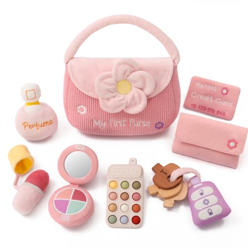 lets make My First Baby Purse Toy for Baby Girls & Toddlers 10 Pcs Soft Sensory Pretend Play Set with Teether Phone Crinkle Card Mirror & Keys First Birthday Gifts for 1 Year Old Girls