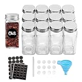 12 tarros de especias de vidrio con 40 etiquetas adhesivas, recipientes cuadrados vacíos para especias de 4 onzas, 24 tapas de coctelera y tapas de metal herméticas, bolígrafo de pintura, embudo