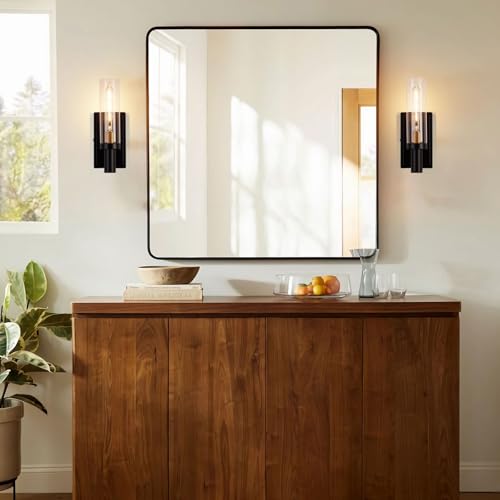 Image of 1-Light Wall Sconces Set of 2, Modern Bathroom Sconces Wall Lighting with Clear Glass, Black & Brushed Brass Wall Mount Lights for Living Room Corridor Mirror Bedroom Stairway, E26 Base