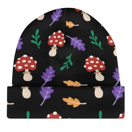 Cute Mushrooms and Leaves Pattern Kids Beanie Hat for for Girls Boys Children Cap Winter Knitted Chemo Cancer Headwear Accessories Gifts Decoration Black4
