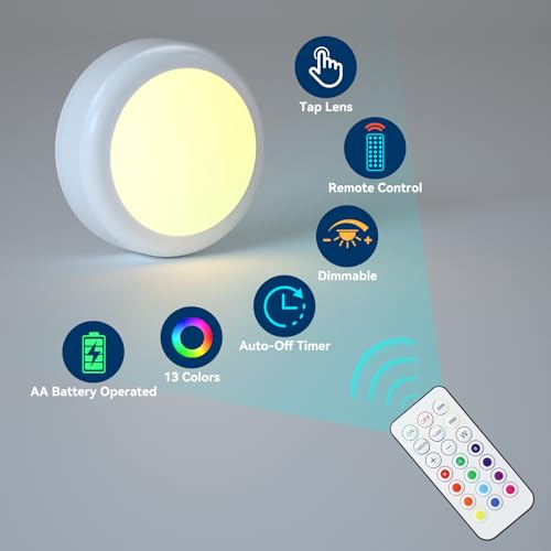 Image of LED Puck Lights with Remote Control, Under Cabinet Lighting Stick on Tap /Push Lights, Battery Operated Closet Lights, Wireless Led Wall Light for Bedroom, Under Counter Light for Kitchen,2 Pack