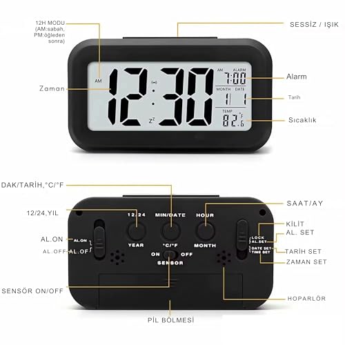 Şeker Ofisi Dekoratif Dijital Alarmlı Saat, 12/24 Dönüştürme Gece Görüşlü Yatak Başucu Saati Masa Saati Led Ekran Pilli Çalar Saat 13 x 4.5x 7.5cm (Beyaz)