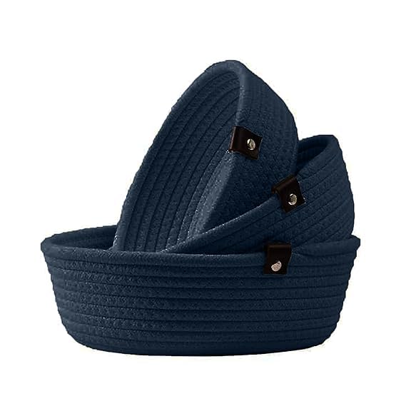 Image of Handmade Jute Cotton Storage Baskets Set of 3 for Dining Table, Fruit Basket & Roti Bowl, Cane Style Organizer for Kitchen, Home Decor, Washable Multipurpose (Dark Blue)