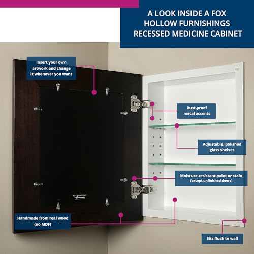 Image of 14x18 Concealed Picture Frame Medicine Cabinet Without Mirror for Bathroom, Recessed in The Wall, Made in North America, Real Wood, NO MDF, Adjustable Shelves, Coffee Bean