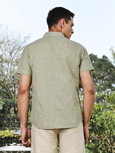 Image of Thomas Scott Men's | Solid | Linen Blend | Slim Fit | Short Sleeve | Spread Collar | Casual |Shirts for Men