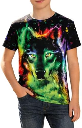 Rynzola Boys 3D Print T-Shirts Girls Summer Colorful Design Graphic Tee Kids Crewneck Short Sleeve Causal Tops（Wolf,6-7T）