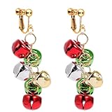 Christmas Clip On Earrings for Women, Non-Pierced, Red Green Snowflake Jingle Bell Cane Knot Dangle, Colorful Festival Party Jewelry, Holiday Drop Earrings