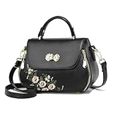 liuzhijiao Women Flip up Embroidered Satchel Lightweight Small Totes Top Handle Purses and Handbag Crossbody Shoulderbag for Lady,Black