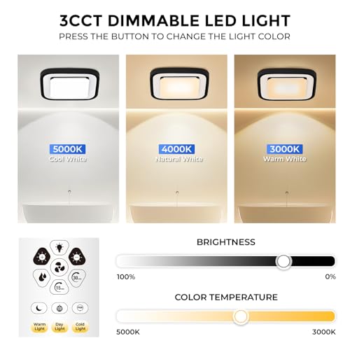 Image of Akicon Bathroom Exhaust Fan with RGB LED Light, 110 CFM 1.5 Sone Ultra Quiet Bathroom Vent Fan for Ceiling, 3CCT Dimmable Light & Nightlight, Remote Control, Square (Black)