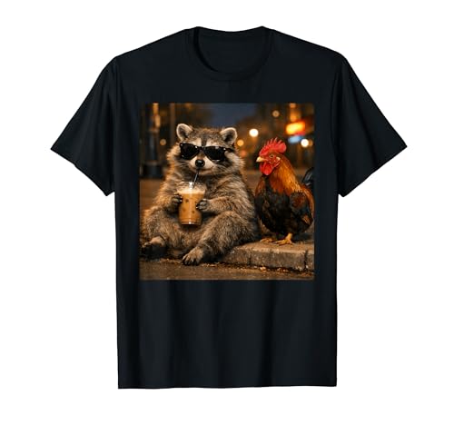 Raccoon Drinking Iced Coffee With Rooster Meme Men Women T�V���c