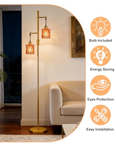 Image of 2-Light Glass Floor Lamp, 65IN Tall Standing Lamps Dimmable with Rose Red Glass Lampshade, 3000K Warmwhite Mid Century Modern Floor Lamp with 5Lbs Heavy Base for Living Room /Bedroom