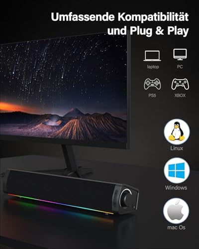ADELGO Głośnik PC USB, głośnik Soundbar, zasilany przez USB, typ C, przenośne głośniki komputerowe z RGB do komputera stacjonarnego, monitora, laptopa, Plug and Play - czarny