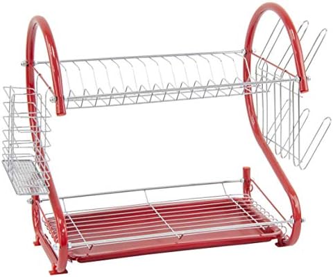 SQ Professional 2 Tier Dish Drainer Rack with Drip Tray with Cutlery & Glass Holder Easy & Convenient Storage for Dishes (Metallic Black)