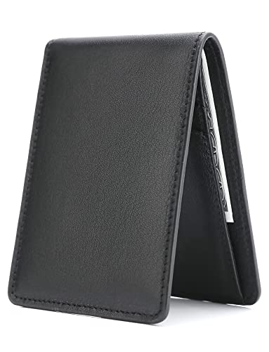 Men's Slim Leather Wallet Small Rfid Blocking Billfold Minimalist Front Pocket Wallet with Id Window Gifts Box - Black