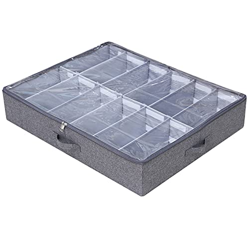 AMX - Organizer per riporre scarpe sotto il letto, divisori regolabili per 12 paia di scarpe, indumenti, coperte, piumoni, colore: nero e grigio