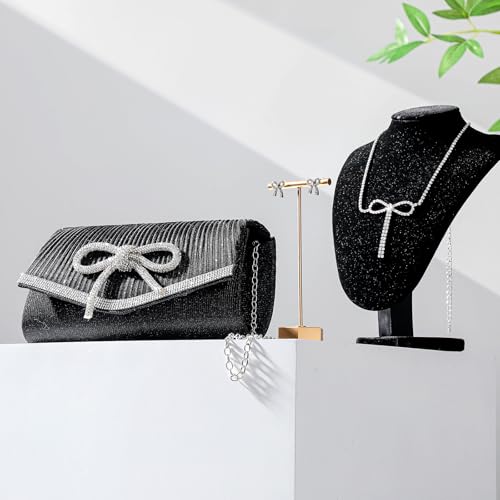 Image of Cutecrop 3 Pcs Fashion Women Bow Evening Clutch Jewelry Set, Black Bag Purse Wedding Rhinestone Necklace Earrings for Prom Party