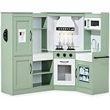 Best Choice Products Pretend Play Corner Kitchen, Ultimate Interactive Wooden Kids Playset w/Lights & Sounds, Ice Maker, Hood - Sage