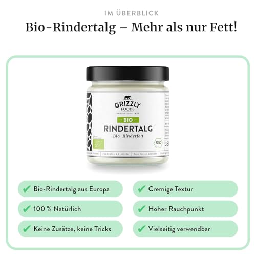 Grizzly Foods • BIO Rindertalg (6 x 330g) • Organic Beef Tallow • 100% natürlich • Hoher Rauchpunkt • Ohne Zusätze • Perfekt für Braten, Backen, Frittieren • Cremige Textur & buttrig-grasiges Aroma