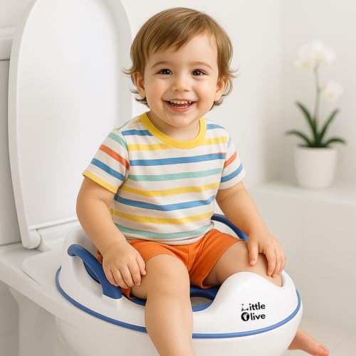 Image of Little Olive Baby Potty Seat with Backrest and Splash Guard | Soft Cushioned Toilet Trainer for Toddlers | Ergonomic Blue Potty Training Seat for Home and Travel
