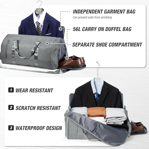 Garment Bags For Travel,Convertible Garment Bag With Shoulder Strap,Professional Carry On Duffel Bag For Men Women-2 In 1 Hanging Foldable Weekender Travel Suit Bags,Grey 5