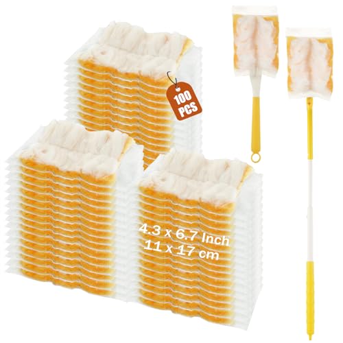 Image of 100 PCS Orange Heavy Duty Duster Refills for Swiffer Dusters Refill 180 Degree Extendable Duster With Adjustable Handle Disposable Dusters for Cleaning Blinds,Ceiling Fans(100 Count+ 2 Handle)