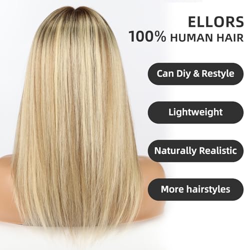 Image of 16 Inch Ombre Golden Brown Human Hair Wig, Human Hair Wig With Bangs, Real Hair Wigs For Women, real human hair wigs