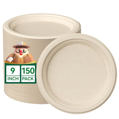 JOLLY CHEF 100% Compostable Paper Plates 150 Pack 9 Inch Heavy Duty Plates Disposable Biodegradable Eco-Friendly Sugarcane Bulk Nature