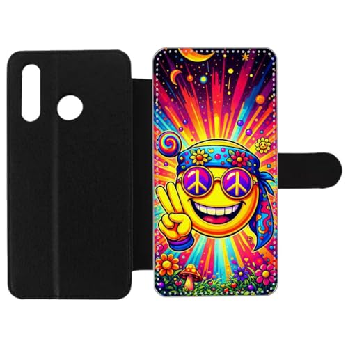 FunKaz Etui Cuir pour Huawei P30 Lite - Smiley Peace and Love - Housse Fermeture magnétique