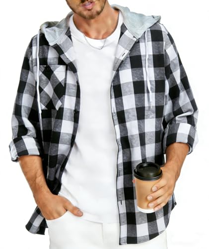 JACKETOWN Men's Plaid Shirts Men's Hoodie Mens Checked Shirt Long Sleeve Shirt with Pocket Button Down Jacket Flannel Shirt Regular Fit 4 Seasons Lumberjack Shirts Black White