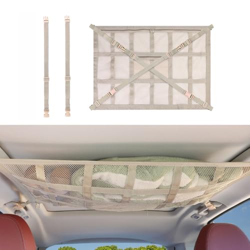 XFBMJQ Car Ceiling Cargo Net for Jeep Wagoneer 2021–2025 2026 WS, Car Roof Storage Organizer Ceiling Storage Double-Layer Large Capacity Sundries Bag with Cross Webbing Straps,B-Beige