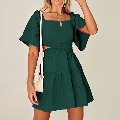 Shy Velvet Womens Square Neck Criss Cross Pleated Flowy Dress Solid Color Backless Hollow Out Beach Dresses - Thumbnail 5
