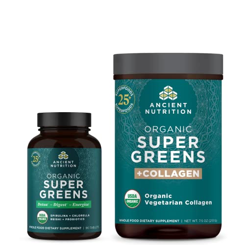 Ancient Nutrition Organic Supergreens Tablet, 90 Count & Organic Supergreens + Organic Collagen Powder, 25 Servings #TOP23