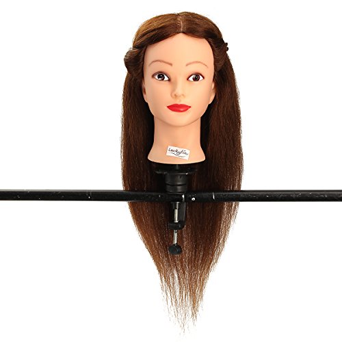 Hairdressing Training Head,100% Long Real Hair Hairstyling Salon Mannequin Head Practice Head Hairdresser, Practice Training Doll Heads Cosmetology with Clamp Stand for Home and Professional Use 20" - Thumbnail 2