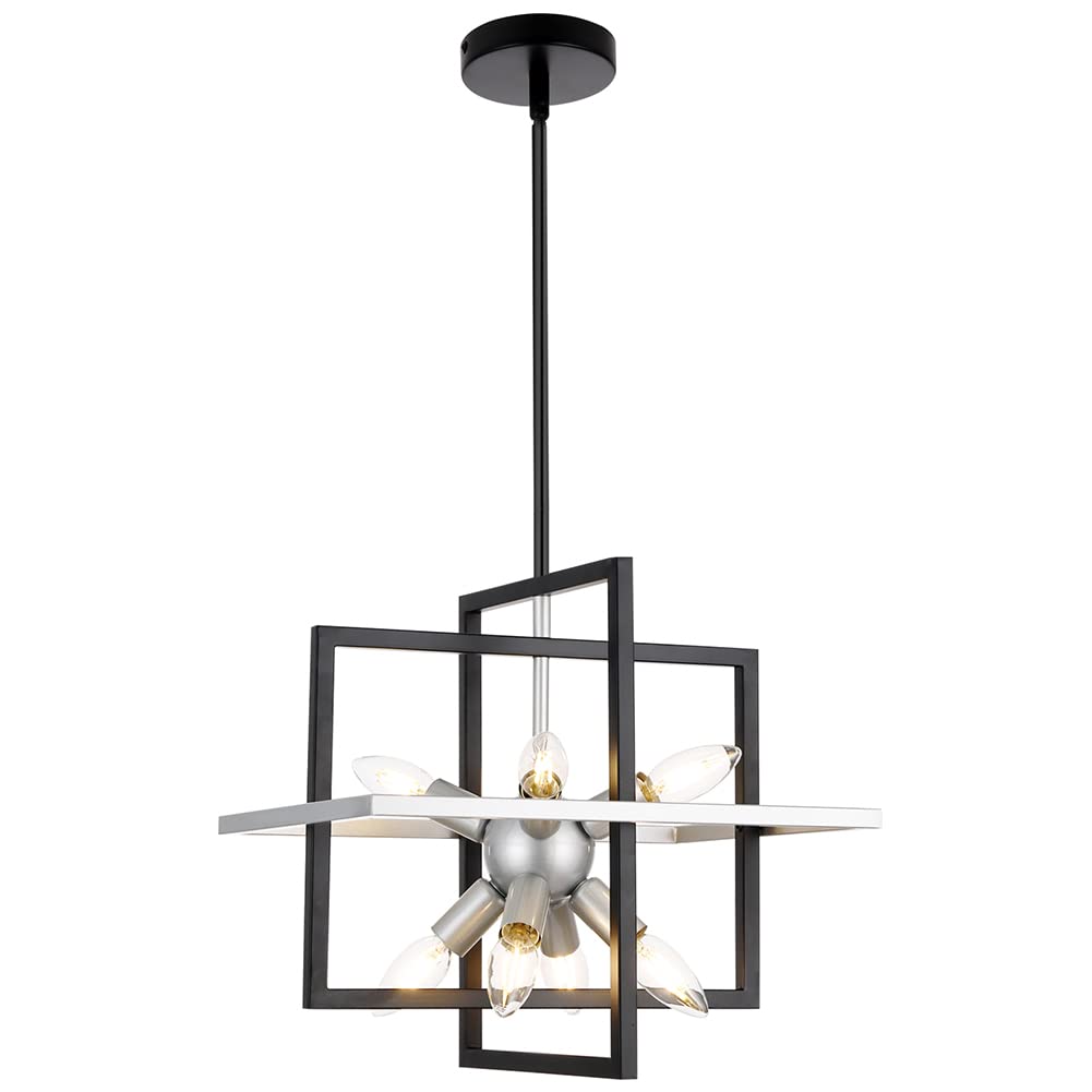 Yasince Small Metal Lantern Chandeliers, 8-Light Modern Geometric Pendant Light Fixture, Industrial Black and Silver Hanging Chandelier for Living Room Kitchen Island Foyer Hallway Farmhouse