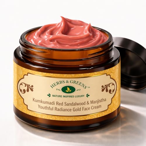 Image of Herbs & Greens Kumkumadi Red Sandalwood Gold Face Cream With Vegan Collagen, Low Molecular Hyaluronic Acid & Hydrating Aqua Gel Technology | Deep Hydration, Radiant Glow, Wrinkles & Firmer Skin | Pigmentation Dark Spots | Anti Aging Moisturizer For Woman & Men | Oily /Dry /Combination Skin | Day & Night Repair | Derma Tested Safe | 50 gm