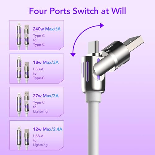 Image of MFish 240W 4-in-1 Fast Charging Cable, White, 6.6FT