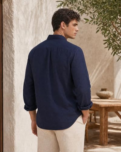 Image of Nobero Breezy Premium Linen Cotton Shirt for Men | Stylish Casual Shirts for Men | Semi Cut Collar | Box Pleat | Curved Hem | Regular Fit | Full Sleeve | S-XXXL